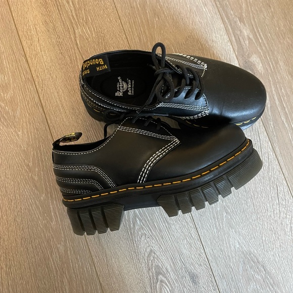 Dr. Martens Audrick White Stitch Black Leather Platform Shoes - Picture 3 of 10